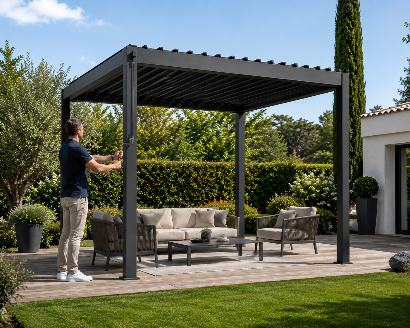 Pergola bioclimatique acier galvanisé gris anthracite 3x3m