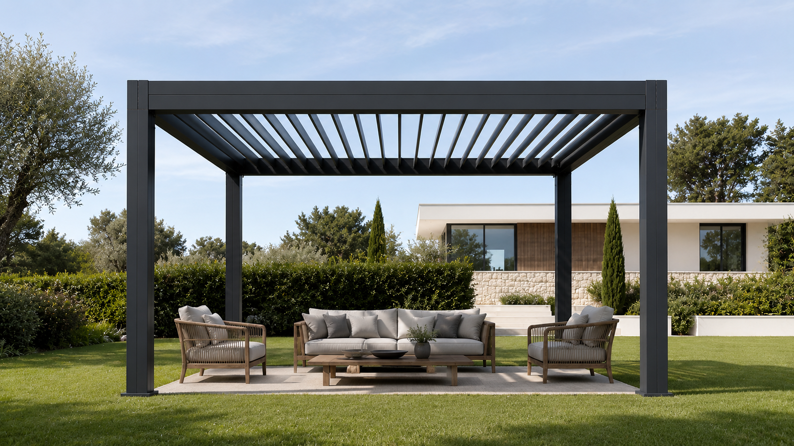 Pergola bioclimatique aluminium gris anthracite 4x3m